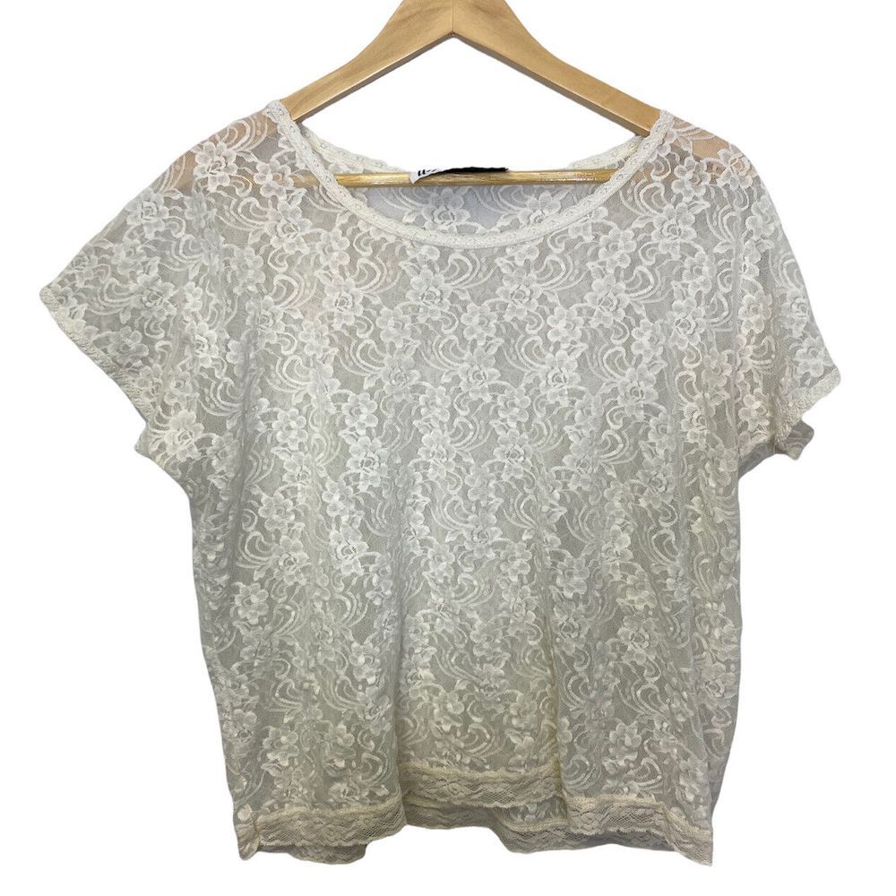 90s Y2K Ivory Lace Top Plus 1x Women's Body Crop Short Sleeve Sheer Grunge Boho